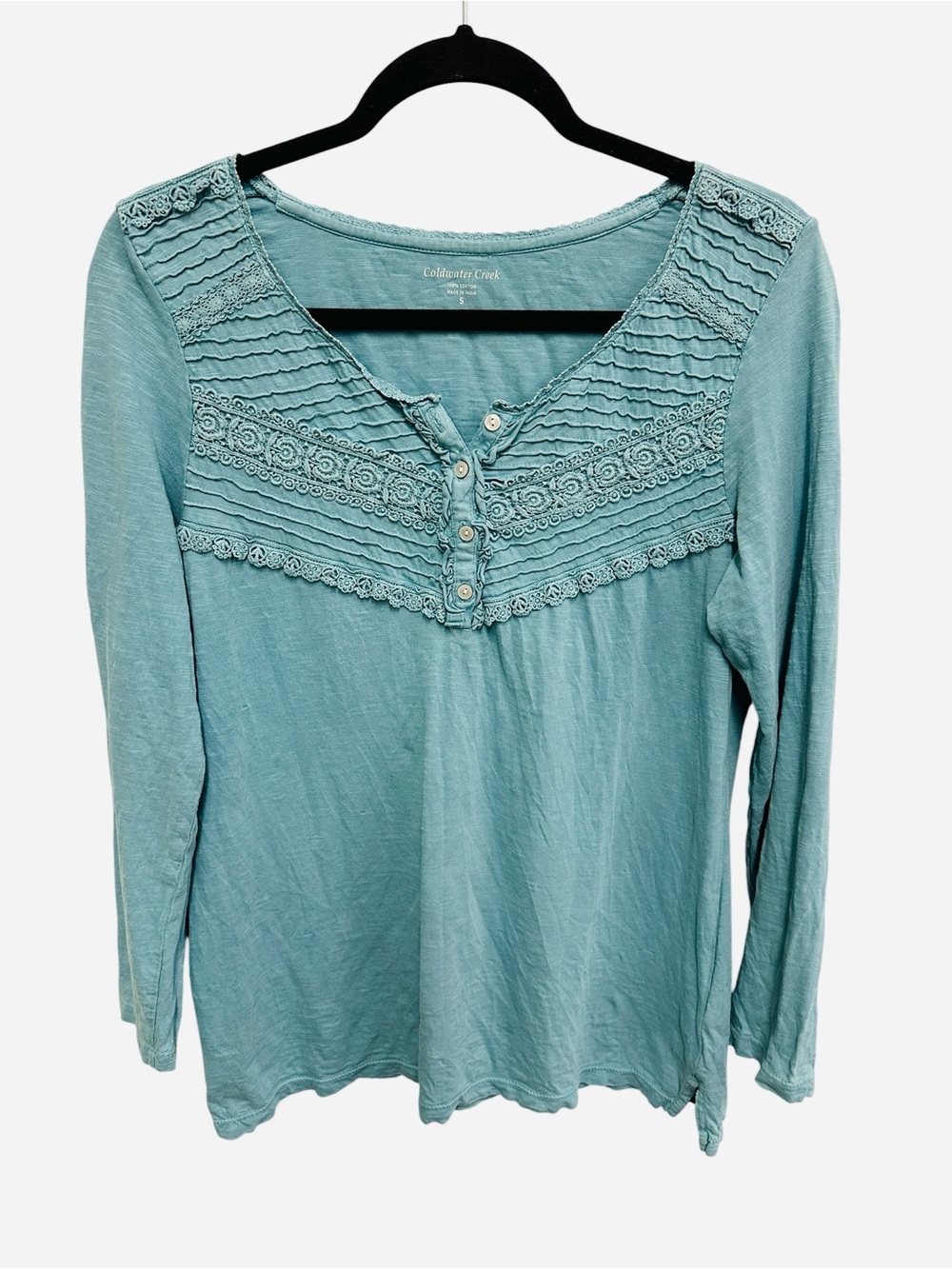Coldwater Creek ruffle floral lace 100% cotton Henley top in teal Size S